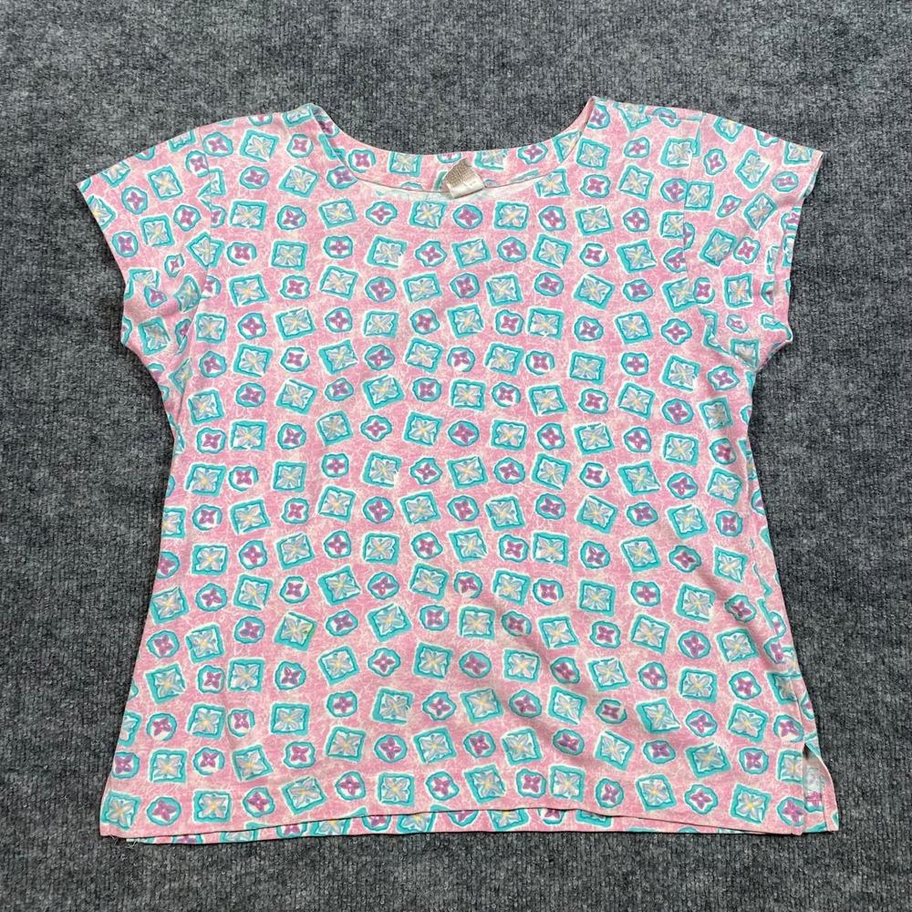 Vintage Jantzen Womens Pink Teal Geometric Floral Short Sleeve Top Large USA